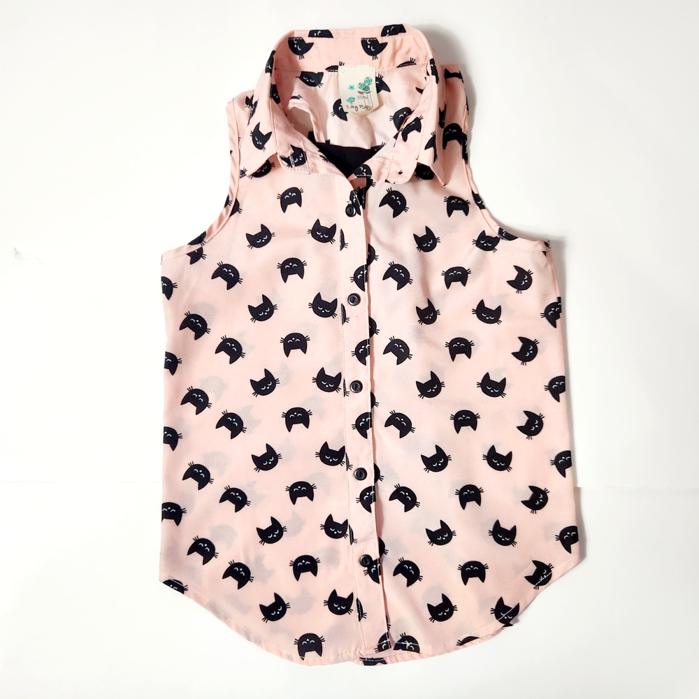 Girl's Sleeveless Black Cat Print Button Down Shirt Light Pink Size: 10/12 M